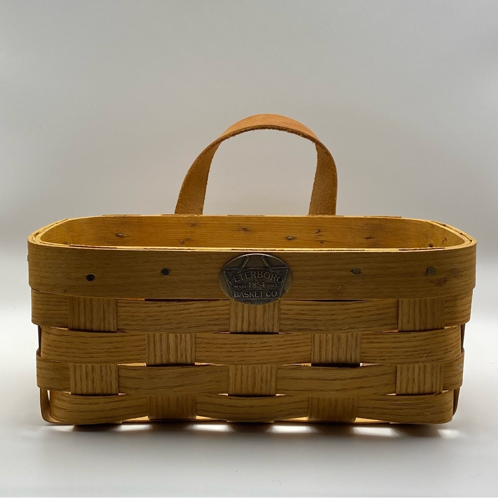 Peterboro Basket Co White Ash Woven Basket w/ Leather Handle 9.25” x 5.75” x 4”